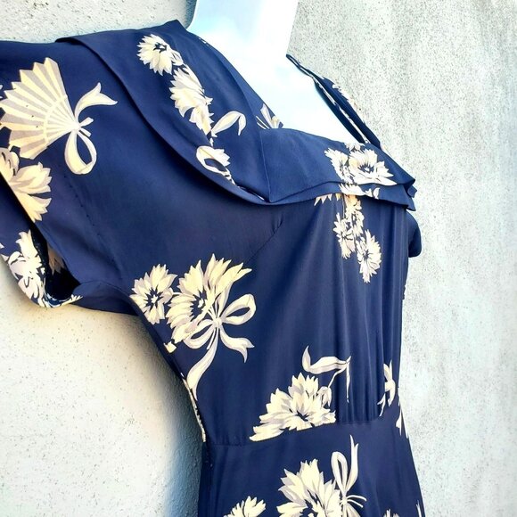 1930s Navy Floral Fan Dress Size 8 Draped Neckline Batwing Sleeve Vintage Rayon - Picture 7 of 13